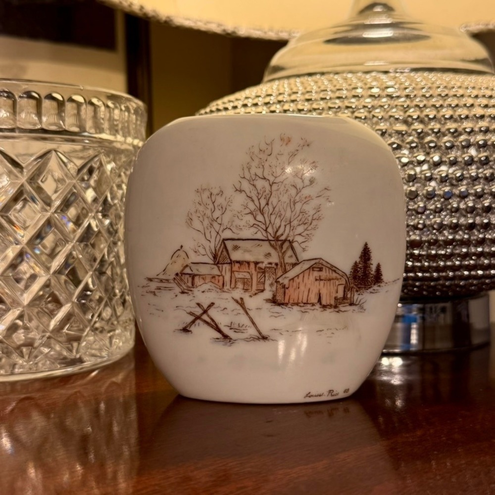 Louise Price Bud Vase Small White Excellent Hand Painted Winter Farmhouse